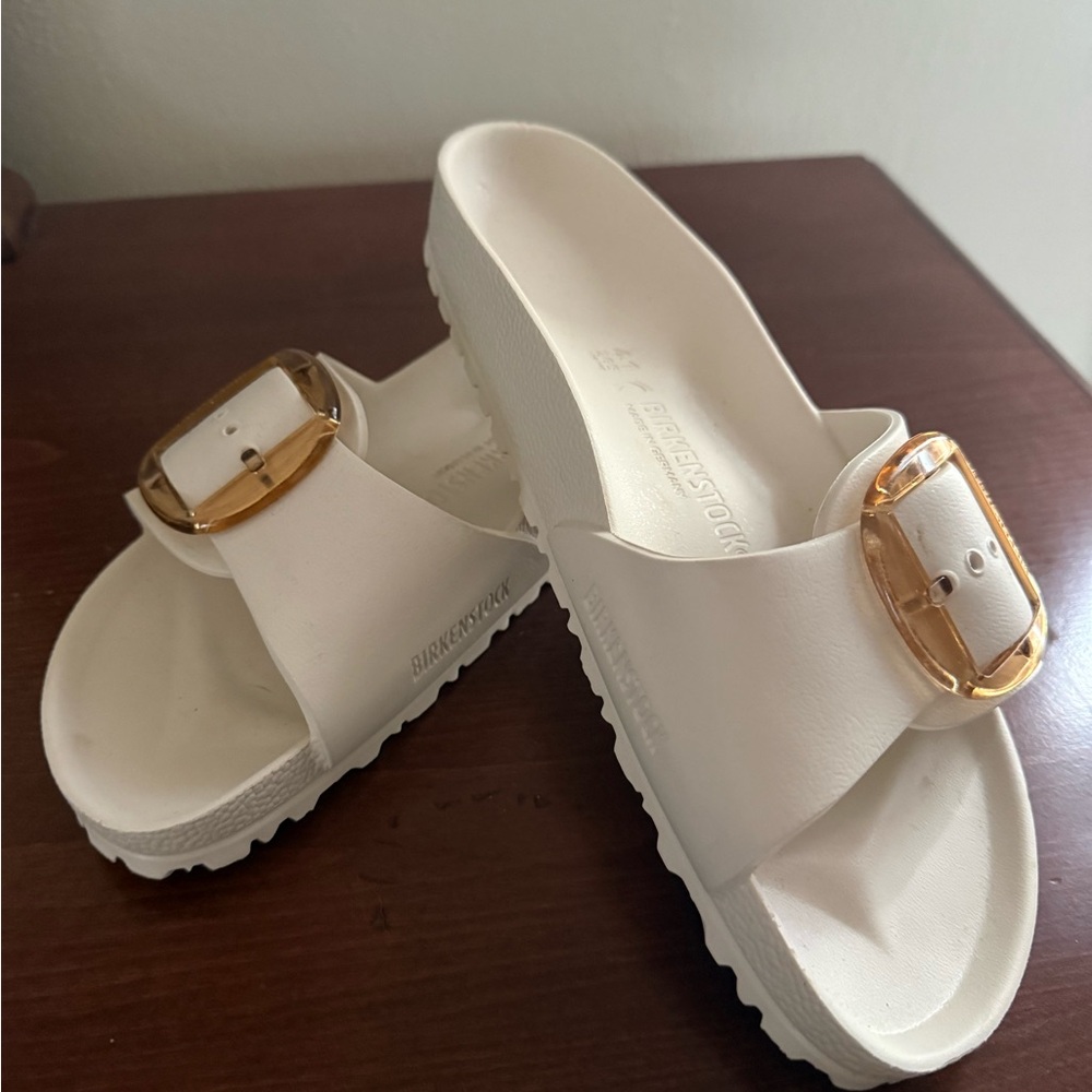 Birkenstock Women's White Sandals with Gold Buckle